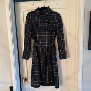 J Crew Navy & Green Tartan Plaid Belted Wool Blend Trench Coat. Size 4